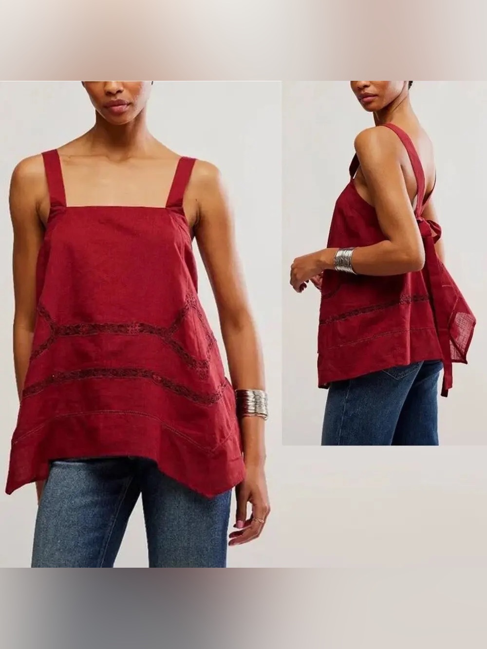 FREE PEOPLE LACE INSET HANDKERCHIEF HEM COTTON CAMISOLE